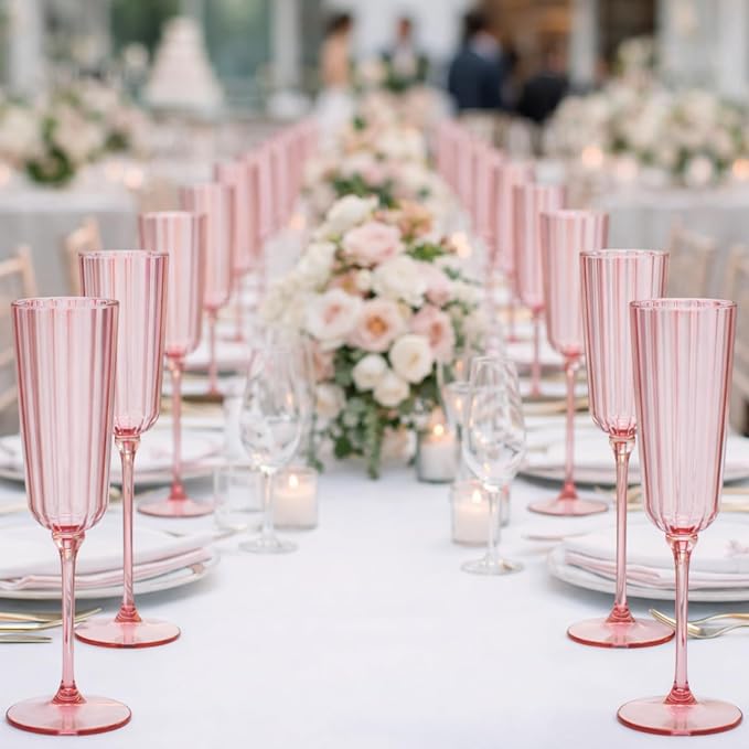 Jingmore 12 Pcs Plastic Ribbed Champagne Flutes With Stem, 6.4 oz Clear Vintage Disposable Champagne Glasses for Wedding Birthday Anniversary (Pink)