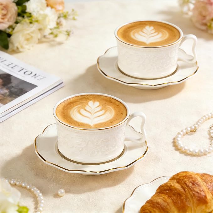 KAMMAK Tea Cups and Saucers Set of 2, Porcelain Coffee Cups with Saucers, Ceramic Espresso Mugs for Coffee, Latte, Americano, Tea, 7.8oz Elegant Teacup and Saucer (YFH3)