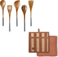 Folkulture Wooden Spoons for Cooking | 12" Premium Acacia Wooden Utensil Set of 5|Pot Holders for Kitchen | Pack of 2 (8x8) Ribbed Soft Silicone Hot Pads for Kitchen |Oven Pot Holders Set