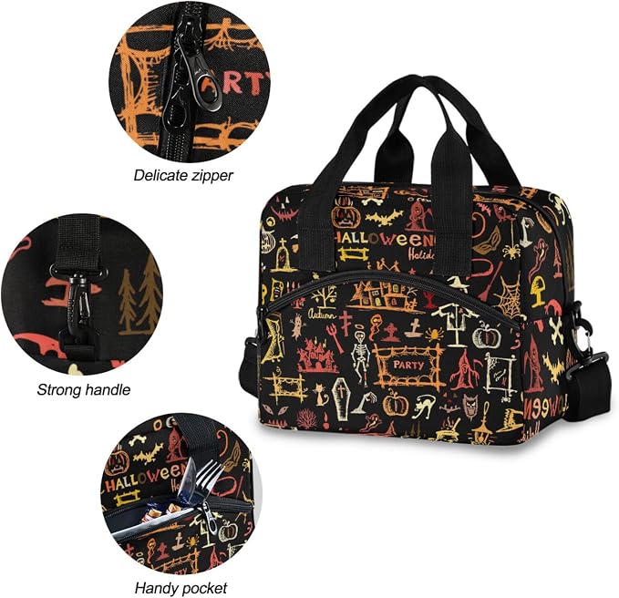 Halloween Insulated Lunch Bag Reusable Lunch Tote Bag Cooler Bag for Women Men Adult Lunch Box with Adjustable Shoulder Strap Leakproof Lunch Bag for Work School Picnic Camping