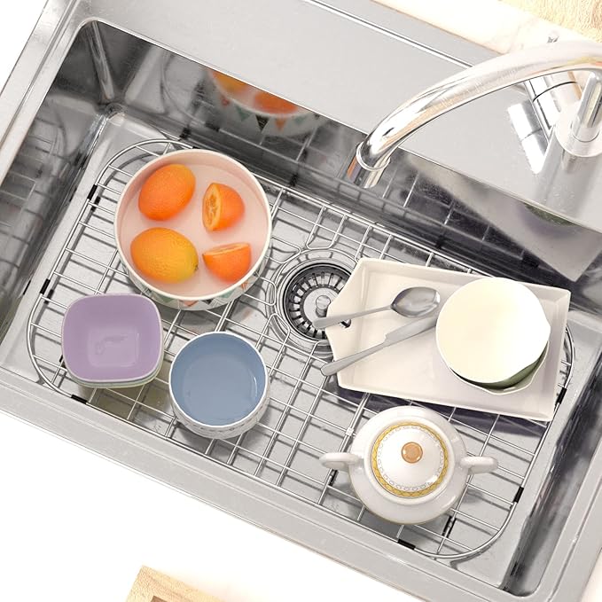 SANNO Expandable Dish Drying Rack Over The Sink Dish Drainer 26" L X 14" W, Kitchen Sink Protector Bottom Grid Over Sink,Stainless Steel