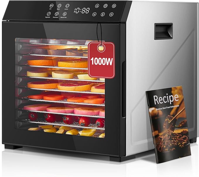 FOHERE Food Dehydrator for Jerky 1000W, 10 Trays With Large 9.04ft² Drying Space,176°F Temperature Control, Digital Adjustable Timer, Light, Dryer Machine for Dog Treats,Herbs, Meat, Fruit, and Yogurt