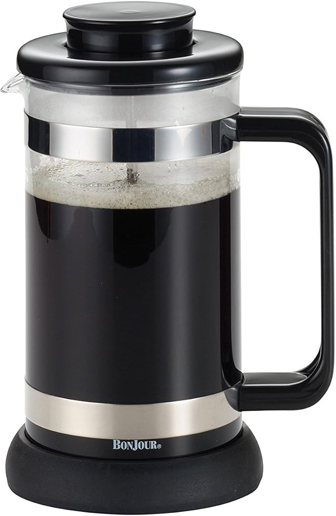 BonJour Coffee Borosilicate Glass French Press with Coaster & Scoop, 33.8-Ounce, Riviera, Black