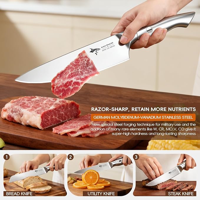 MAD SHARK Knife Set, Kitchen Knife Block Sets 8Pcs, High Carbon Stainless Steel, Ultra Sharp Kitchen Knives Sets, Non-Slip Ergonomic Handle, Includes Drawer Organizer, Gift Ready