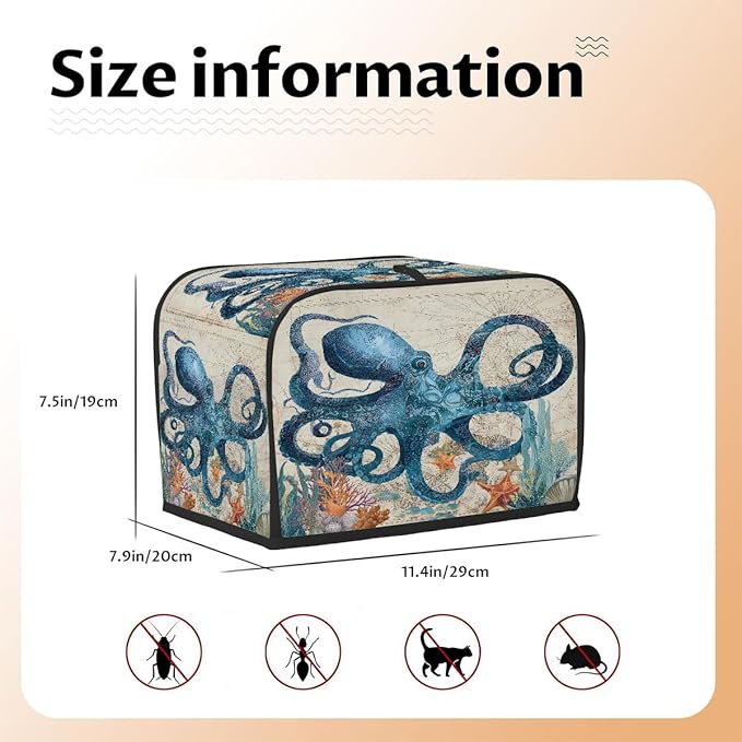 Retro Blue Octopus 2 Slice Toaster Cover Dust And Fingerprint Bread Maker Cover Bakeware Protector Washable Appliance Covers Kitchen Accessories For Home Kitchen Women Gift