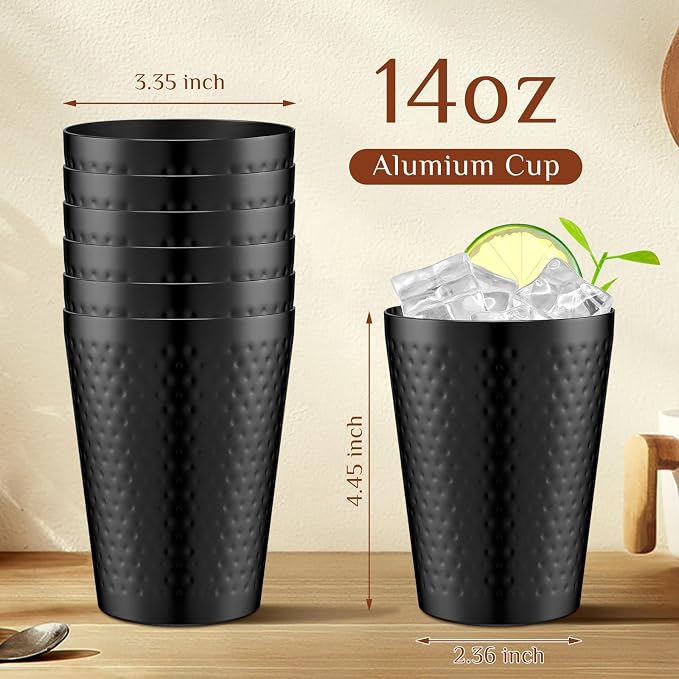 Tanlade 12 Pcs Aluminum Cups Bulk, 14 oz Copper Color Water Tumblers, Metal Cups for Drinking, Hammered Surfaces Mirror Finish Stackable Cold Glasses for Red or White Wine Iced Coffee (Black)