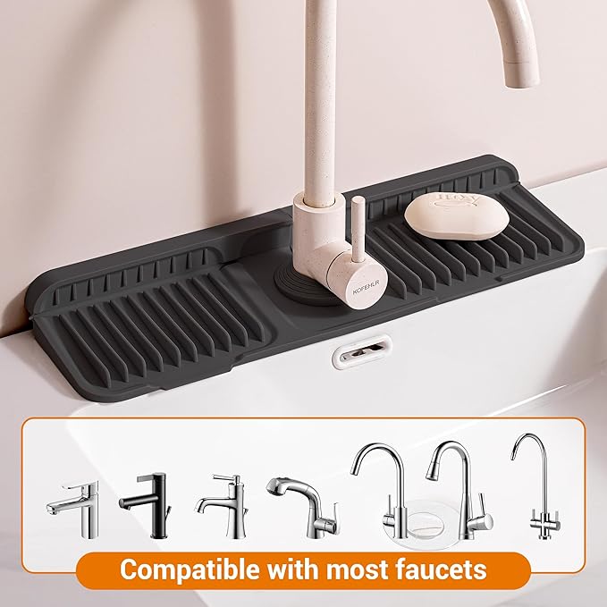 ZJWZLG Faucet Mat for Kitchen Sink, 17.7"X5.5" Silicone Sink Splash Guard with Soap Holder, Snap-On Design & 7°slope Fast Drain, Folding Sink Faucet Mat for Universal Kitchen Bathroom Sink（Black）