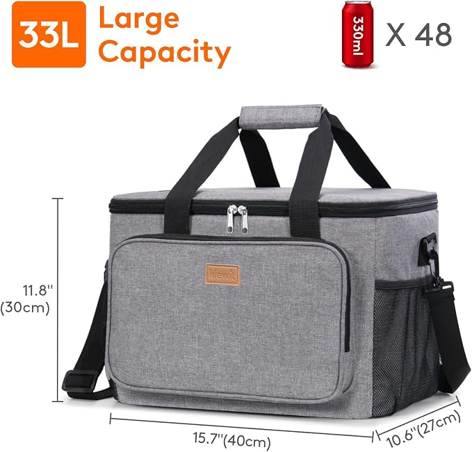 Lifewit Medium Lunch Bag Insulated Lunch Box Soft Cooler Cooling Tote for Adult Men Women, Gray 48-Can (33L)