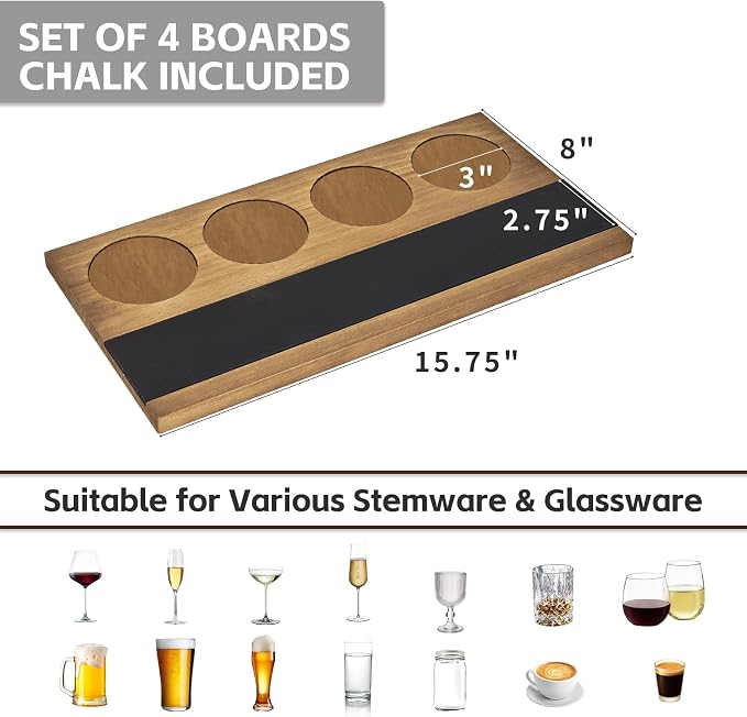Flight Board Wine Flight Tasting Set of 4, Whiskey Tasting, Wooden Wine Tastings Kit for Beer, Cocktails, Champagne Flights, Coffee, Tastings, Party Supplies