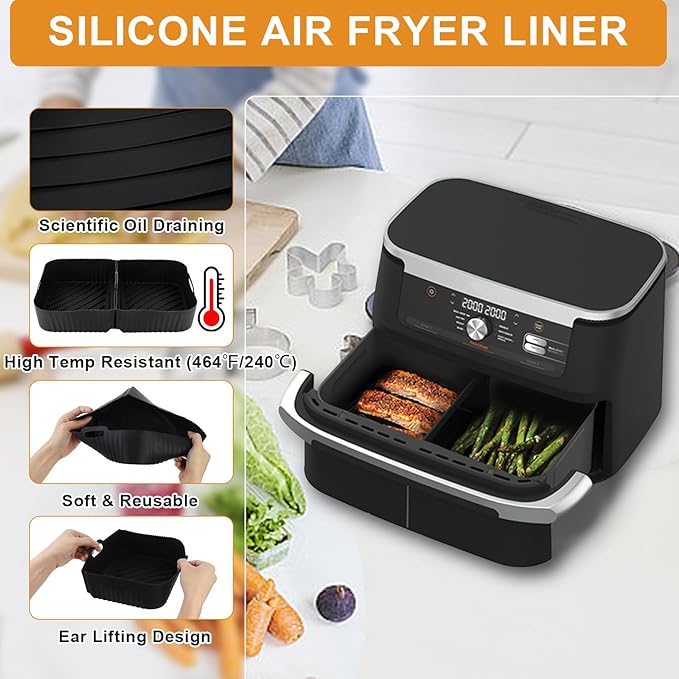 HOMELYLIFE Air Fryer Silicone Liners for Ninja DZ071 7-QT DualZone Megazone Air Fryer, 2 Pcs Liners for Dual 3.5QT Baskets and 1 Pcs Liner for 7-QT Megazone Basket, 3 Pcs Air Fryer Accessories