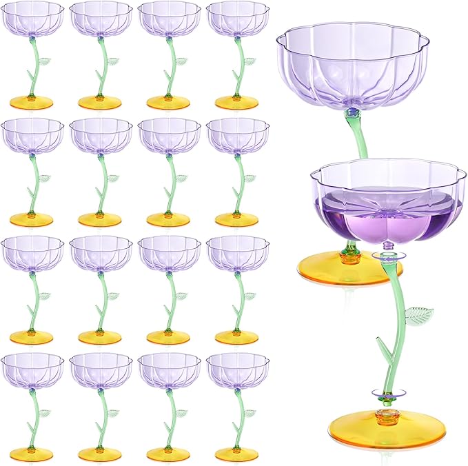 24 Pcs Purple Plastic Ribbed Coupe Glasses Detachable 7oz Flower Cocktail Glasses Modern Wavy Plastic Cocktail Coupes Disposable Martini Glasses Mimosa Glassware champagne goblets (24, Purple)
