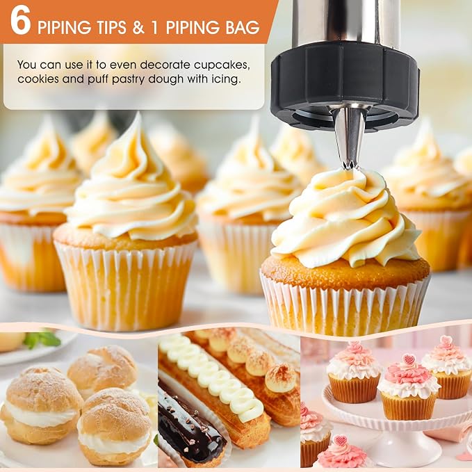21-Piece Cookie Press Set & Churro Maker Machine – Stainless Steel Baking Gun for Spritz Cookies, Hollow Churros, and Pastry – Includes 6 Nozzles, 9 Discs, Piping Bag, and 2 Brushes