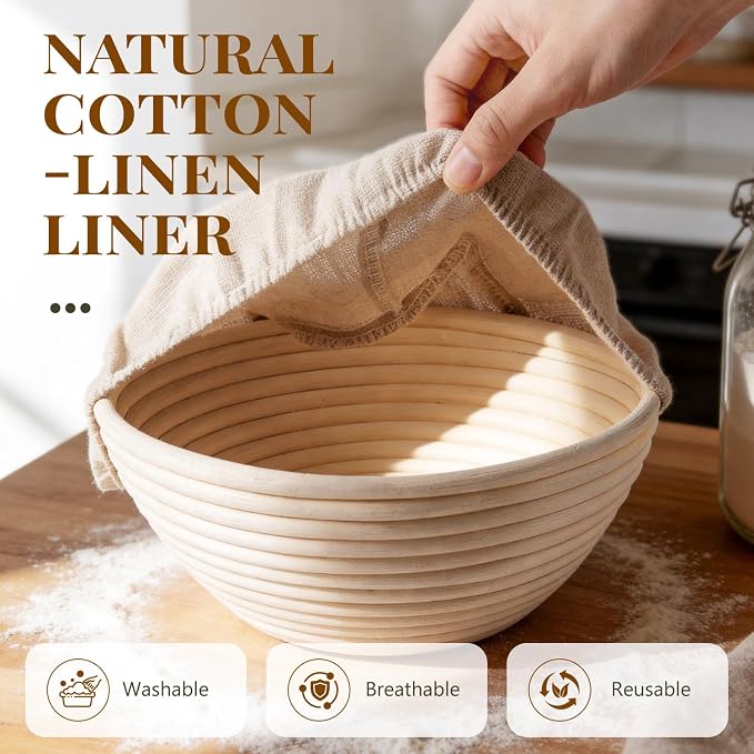 BAVIFY Sourdough Starter Kit, Banneton Bread Proofing Baskets Set | 2-Pack 9 in Round Banneton Basket, Indonesian Natural Rattan, Bread Proofing Bowl for Dough Rising, Fits up to 2.2 lb Dough