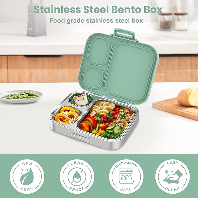 Pawtong Stainless Steel Bento Lunch Box for Kids | 3-Compartment Lunch Box Container Kids | 100% Leakproof, Eco-Friendly, Perfect Portion Control for Kids&Adult Healthy Meals (Green)