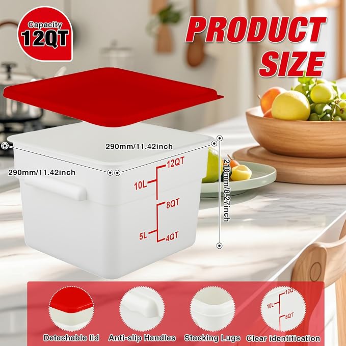 2 Pack Square Food Storage Container With Lid,12-22 Quart Commercial Storage Box With Scale & Handle,Cake Making,Dough Marinating Meat,Kitchen Supplies (Polypropylene, 12 Quart)