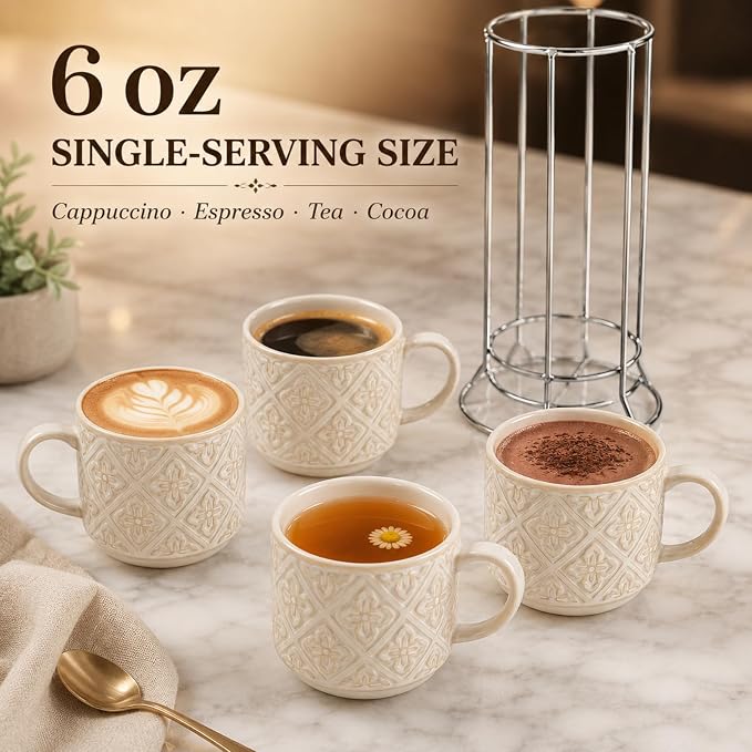 6 Oz Coffee Cups with Stand, Stackable Espresso Cups Set of 4, Ceramic Cappuccino Cup, Embossed Coffee Mugs for Latte, Cocoa, Mocha, Tea, Housewarming Wedding Present, Dishwasher Safe