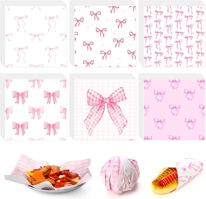 Reallnaive 600 Pcs Pink Bow Wax Paper Sheets 12 x 12 Inch Parchment Deli Tissue Paper Sandwich Wrapping Sheets Food Basket Liners for Kitchen Restaurant Baking Supplies, 6 Styles