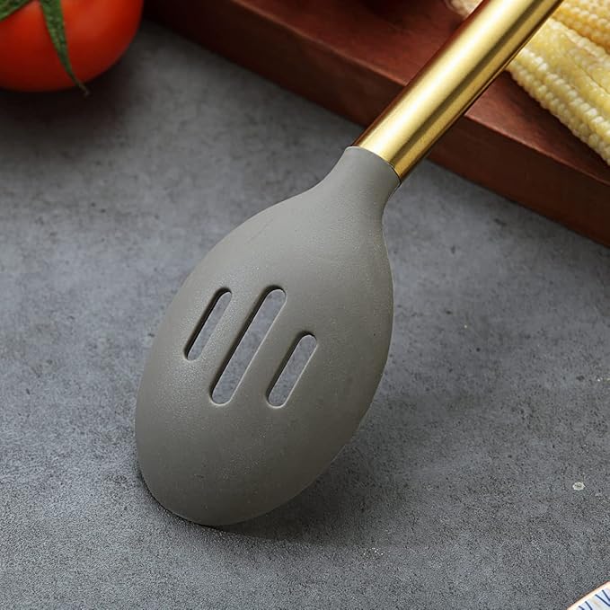 Berglander Non-stick Silicone Slotted Spoon, Titanium Gold Plated Handle, Basting Spoon, Dishwasher Safe, Easy to Clean