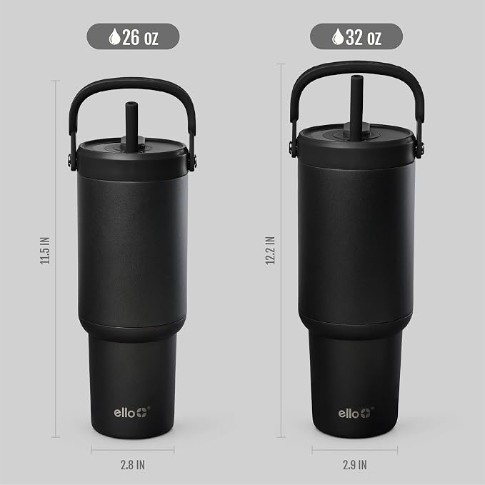 Ello Oasis Go+ 26oz Tumbler with Top Handle and Retracting Straw | Reusable Insulated Stainless Steel Cup, 100% Leakproof Water Bottle, 24 Hours Cold, Cup Holder Friendly For Travel | Black