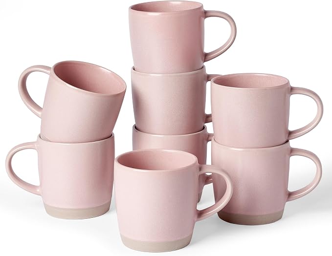 famiware Coffee Mugs Set of 8, Milkyway 13 oz Mug Set, Ceramic Cup Set with Handle for Coffee, Tea, Cocoa, Milk, Light Pink