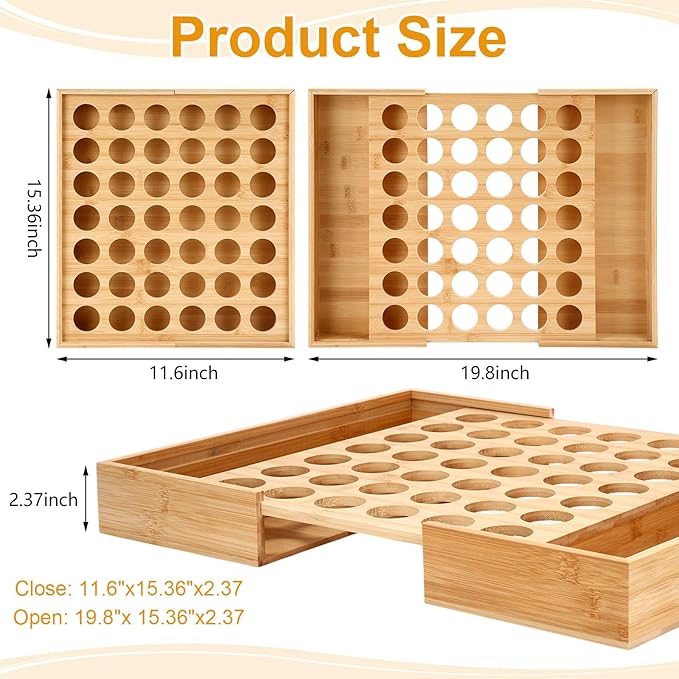 SiliFine Bamboo Pod Holder Compatible with K Cup, 42 Pod Capacity Drawer Organizer, Expandable Coffee Capsules Storage for Tea Bags, Espresso Capsules, Home Office Kitchen Accessories