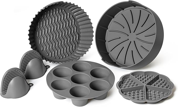 EM Set of 5 Silicone Air Fryer Liners with Egg Bite Mold, Waffle Mold & Mitts - 8.7” Round Reusable Silicone Inserts for 5-7 Qt Airfryers - Easy to Clean & Heat-Resistant Air Fryer Accessories Set