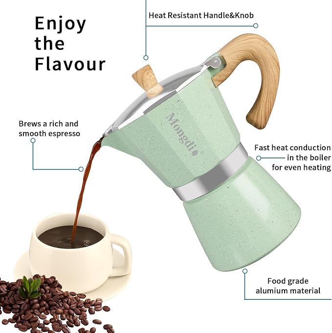 Mongdio Stovetop Espresso Maker Moka Pot, Cuban Coffee Maker Stove top coffee maker Moka Italian Espresso Greca Coffee Maker Brewer Percolator, 6 Espresso Cups, 10 oz - Green