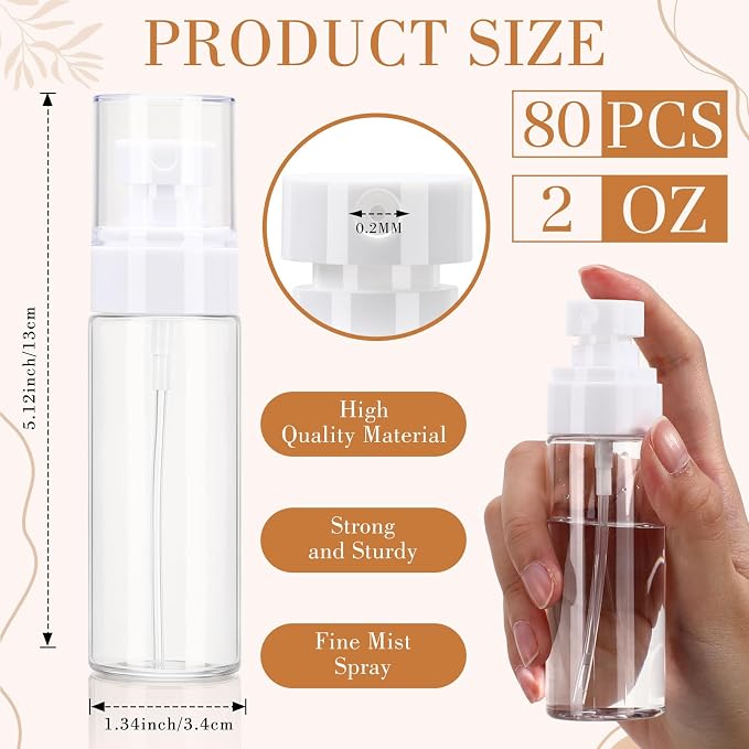 80 Pack Fine Mist Spray Bottle Bulk, 2oz Small Clear Plastic Leak Proof Fine Mist Mini Spray Bottles Refillable Empty Travel Mister Sprayer Bottle for Hair, Cleaning, Essential Oils(Clear)