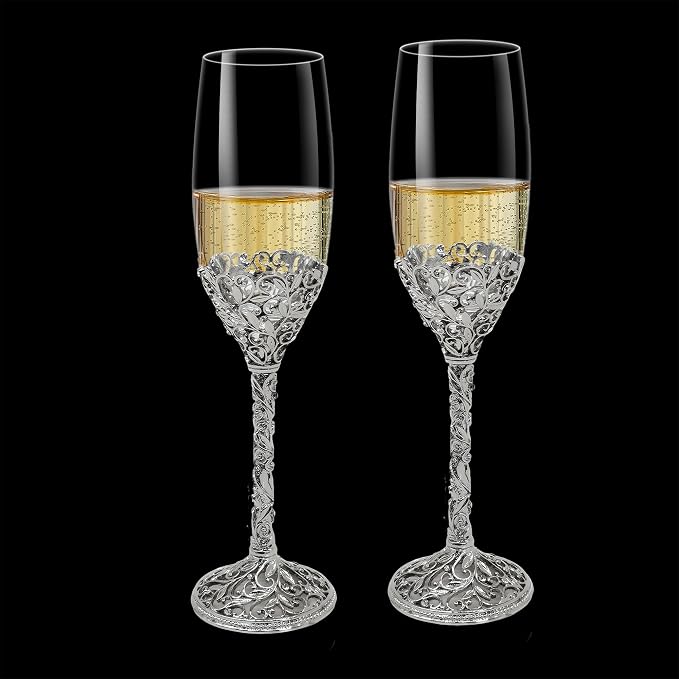 Champagne Flutes -His and Hers,Wedding Toasting Glasses for Engagement Celebrations, Bridal Shower and Registry Idea, Tall Wine Glasses for Bride and Groom Gifts,7oz (Silver new)