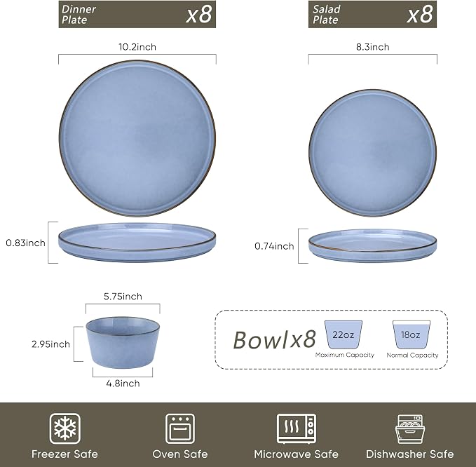 Herogo 24-Piece Stoneware Dinnerware Set for 8, Dinner Plates and Bowls Sets, Double Reactive Glaze Dishware Place Setting for Kitchen, Scratch Resistant, Microwave Safe, Haze Blue