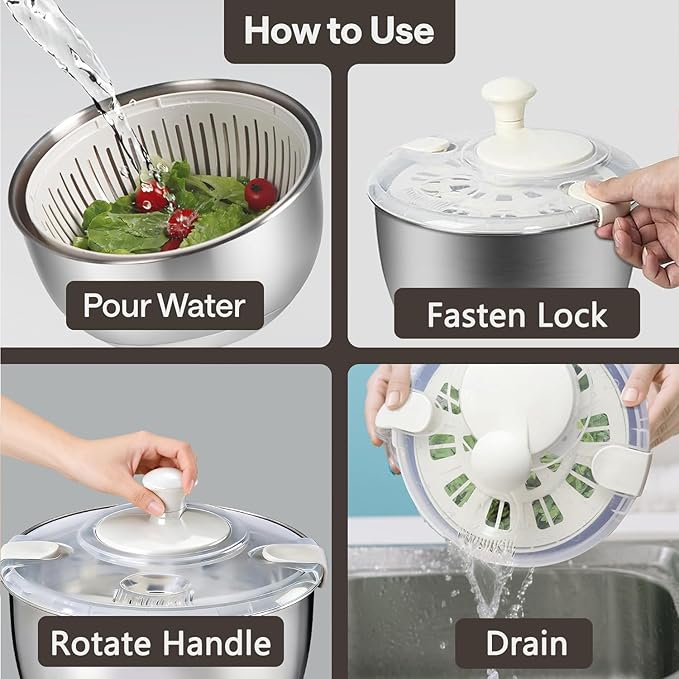 Stainless Steel Salad Spinner Large 5.29QT Spin Dry Salad Greens Fruit Washing Bowl with Strainer Vegetable Cleaner washer Lettuce Spinner with slicer and julienne cutter (TGJ-01-white2)
