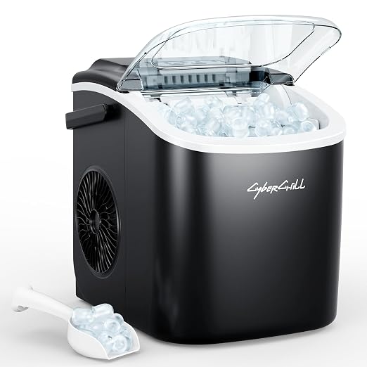 CyberChill Ice Makers Countertop, Portable Ice Machine, 6 Mins Fast Ice, 26 lbs Per Day, Self-Cleaning with Ice Basket & Scoop, for Camping, RV, Kitchen, Home, Office