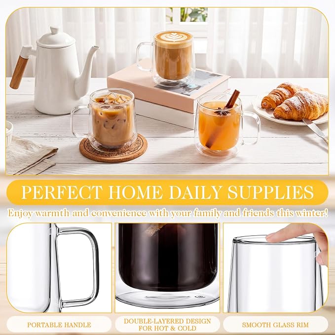 Patelai Glass Coffee Mugs Set of 4, 12 oz Clear Double Walled Coffee Cups Glasses Insulated Latte Mugs with Handle Espresso Clear Cups for Hot and Cold Beverages