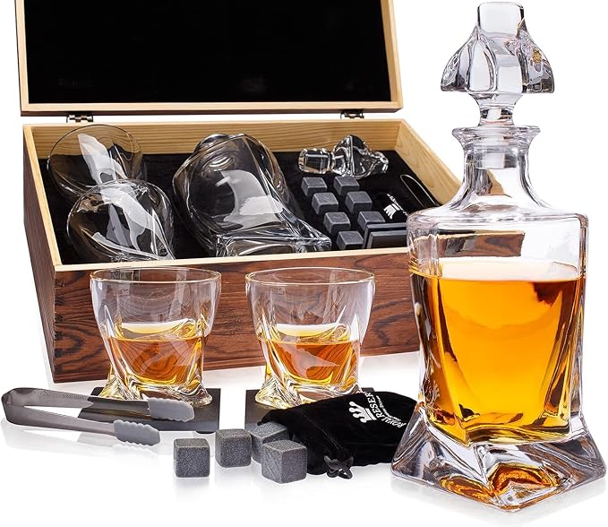Whiskey Decanter Set by Royal Reserve – Whiskey Gifts Set - Twisted Bourbon Decanter 24 oz with Glasses, Whiskey Stones, Coasters, Tongs – Birthday Gift for Men, Husband, Him, Dad, Boyfriend