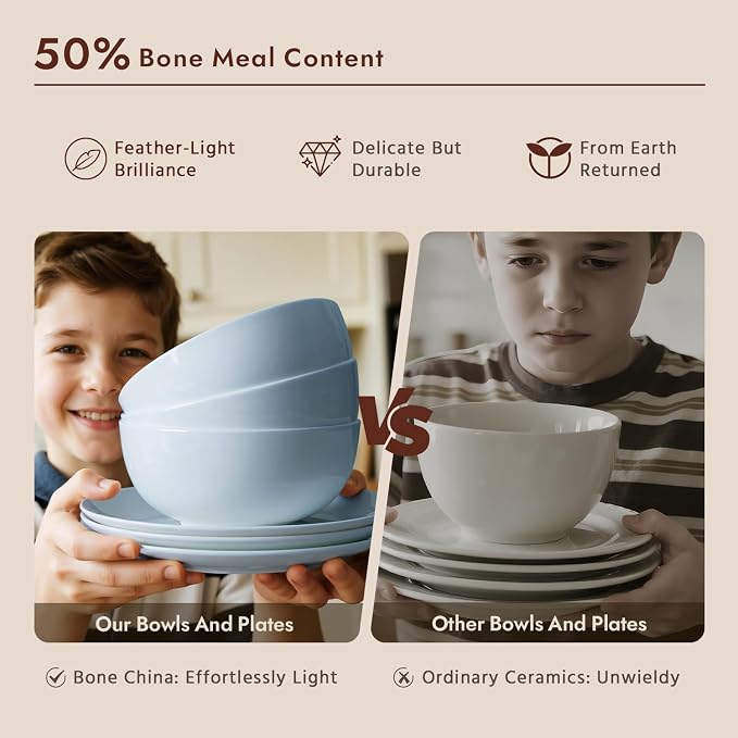 KINGSTONE 24-Piece Bone China Dinnerware Set for 8, Lightweight Porcelain Round Plates and Bowls Set, Durable Scratch Resistant Ceramic Dinner Set, Microwave & Dishwasher Safe, Misty Blue