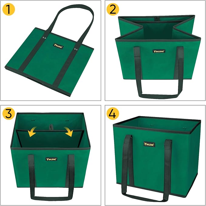 BALEINE 3Pk Reusable Grocery Bags, Foldable Shopping Bags for Groceries with Reinforced Bottom & Handles (Green)