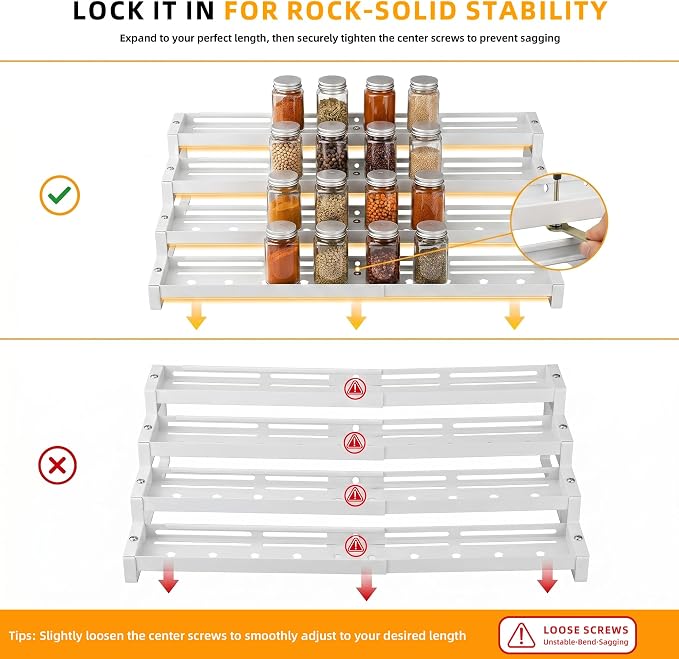 4-Tier Spice Rack Organizer, 13"-21.5" Expandable Spice Organization Shelf, Metal Seasoning Organizer for Kitchen Countertop or Pantry, Slip-Resistant Design for Jars and Bottles, White