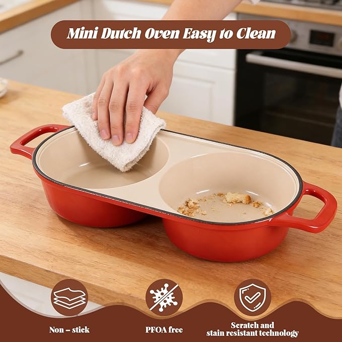 Double Dutch Oven for Bread Baking, Ideal for Family Daily Baking | Enameled Cast Iron Bread Pan with Lid, 2-Slot Mini Loaf Design (16.5cm Each) for Homemade Artisan Bread, Easy to Clean