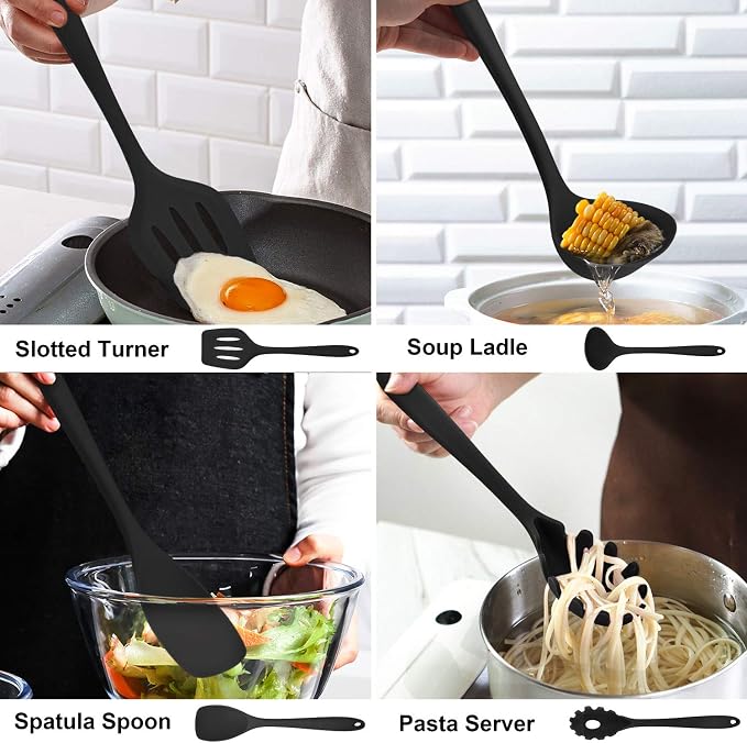 LIANYU Mini Black Ice Scoop Set of 4 and 14 Pcs Cooking Utensils Set with Holder, 3 Ounce Stainless Steel Scoop and Heat Resistant Silicone Kitchen Cookware Utensils Set
