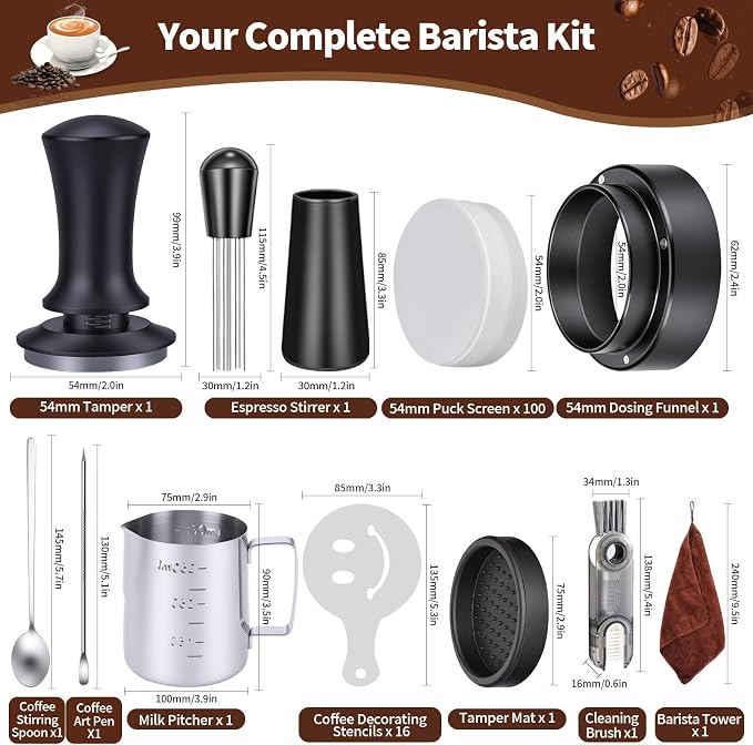 26 PCS Espresso Accessories Kit, Espresso Tamper Kit Coffee Tamper Set, 54mm Espresso Tamper with Spring Loaded Calibrated, 54mm Espresso Filter Paper and Dosing Funnel, WDT Tool
