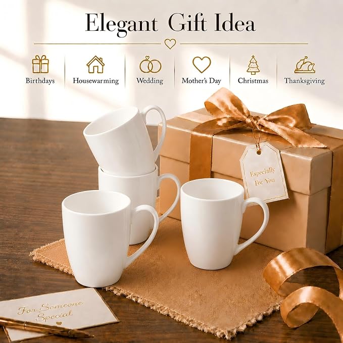 Plain White Fine Bone China Blank Coffee Mugs Set of 4, 11 Oz Tea Cups with Large Handle, Lightweight Ceramic Coffee Mugs, Aesthetic Coffee Cups