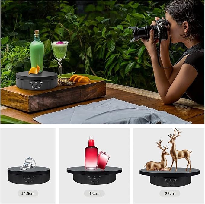 Remote Motorized Rotating Display Stand Turntable Motorized Lazy Susan with 5.74/7.08/8.66 inch Replacement Cover for Photography Products and Shows (Black)