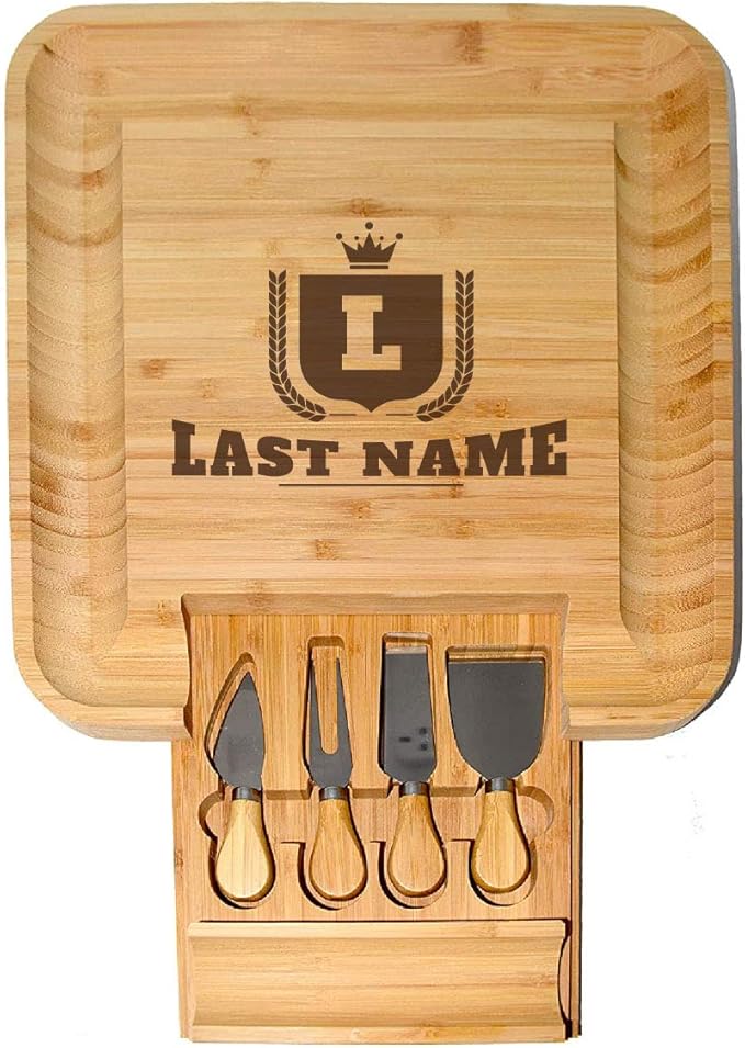 BT Trendz Personalized Charcuterie Board/Customized Bamboo Cheese Board/Serving Tray and Knife Set - Perfect Corporate, Wedding, Closing, Realtor, Birthday, Housewarming Gift - Gift for Dad/Mom (04)