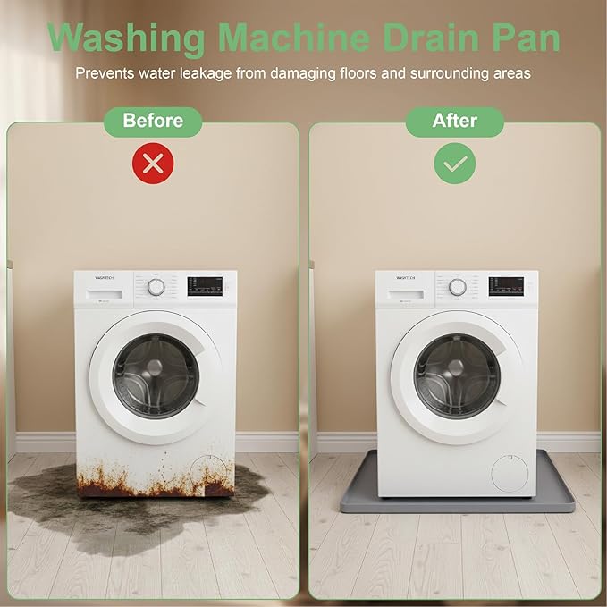 27x27 Inch Silicone Washing Machine Drain Pan – Fits Compact Washers up to 3.5 cu. ft., Waterproof Leak Protection Mat, Anti-Vibration Floor Protector, Grey