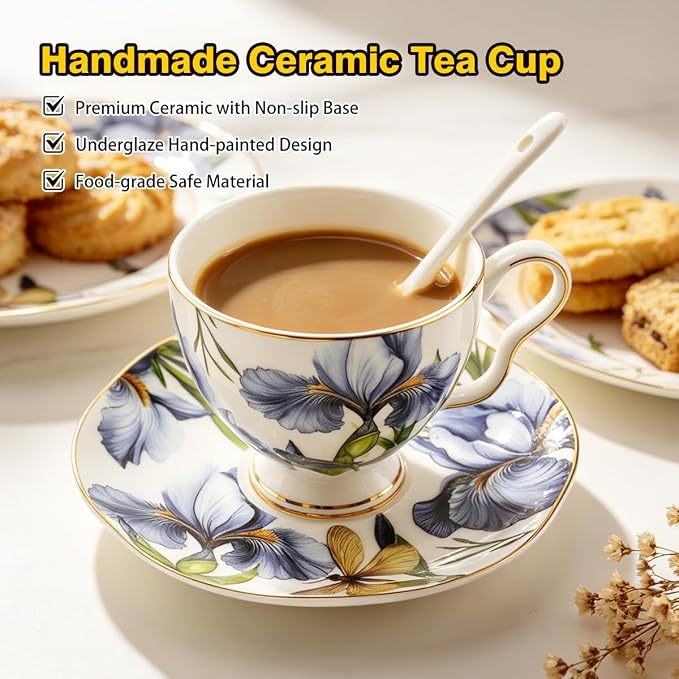 Bone China Tea Cup and Saucer Set with Spoon，Elegant Floral Tea Cup Set (7 oz)，British Coffee Latte Mug for Birthday Party Christmas gift for Friends