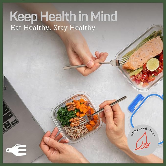 Emporio Kitchen Borosilicate Glass Food Storage Containers with Lids 24 Pieces, BPA-Free Stackable Lunch & Leftover Containers, Microwave, Freezer & Dishwasher Safe, 100% Airtight Leak-Proof, Blue