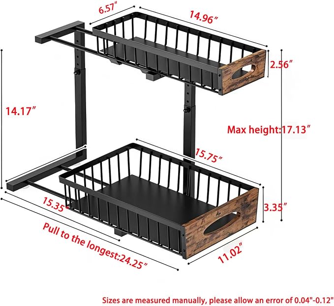 Adjustable Under Sink Organizer, 2-Tier Pull Out Cabinet Storage Drawer, Heavy Duty Sliding Shelf with Wooden Handle, Space Saving Organizer for Kitchen Bathroom Laundry Closet（1 Pack）