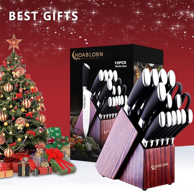 15pc Professional Stainless Steel Knife Set with Wooden Block - Damascus Knife Set for Chefs, Family, Housewarming, Wedding Gift
