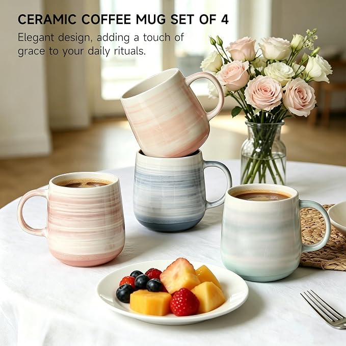Coffee Mugs Set of 4, 12 oz Mugs Set, Ceramic Coffee Cups with Large Handles, Pastel Gradient & Striped Designs， Dishwasher and Microwave Safe Mugs for Coffee, Tea, Milk