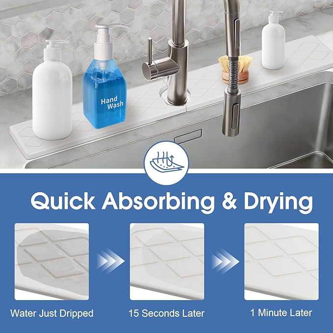 Sink Water Splash Guard, Stone Faucet Mat for Kitchen Sink, Water Absorbing Stone Drying Tray for Bathroom, Prevent Moisture for Kitchen Bathroom Counter, Matte white, 30" x 4"